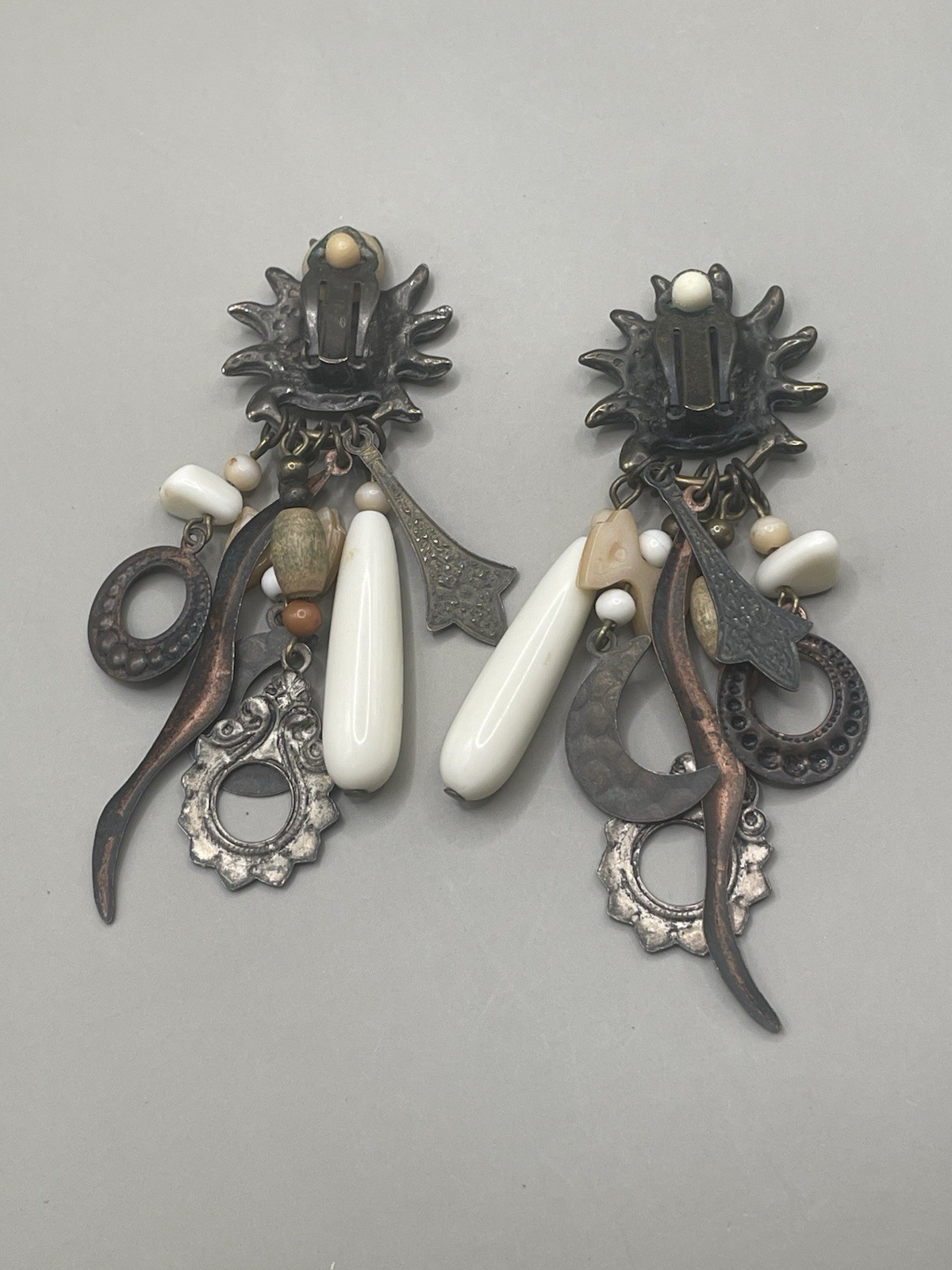 Vintage Sun & Moon Bohemian Celestial Bronze Tone Beaded Dangle Clip-On Earrings