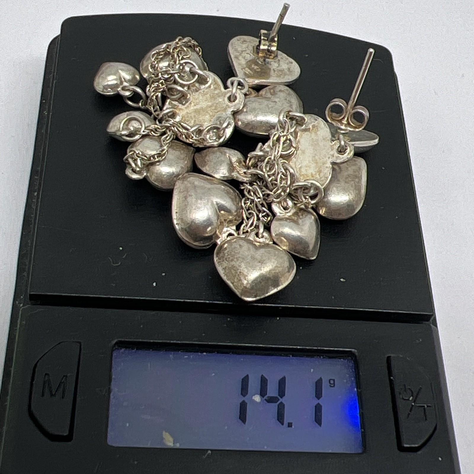 Vintage 925 Sterling Silver Puffy Heart Dangle Chandelier Earrings Signed CW 14