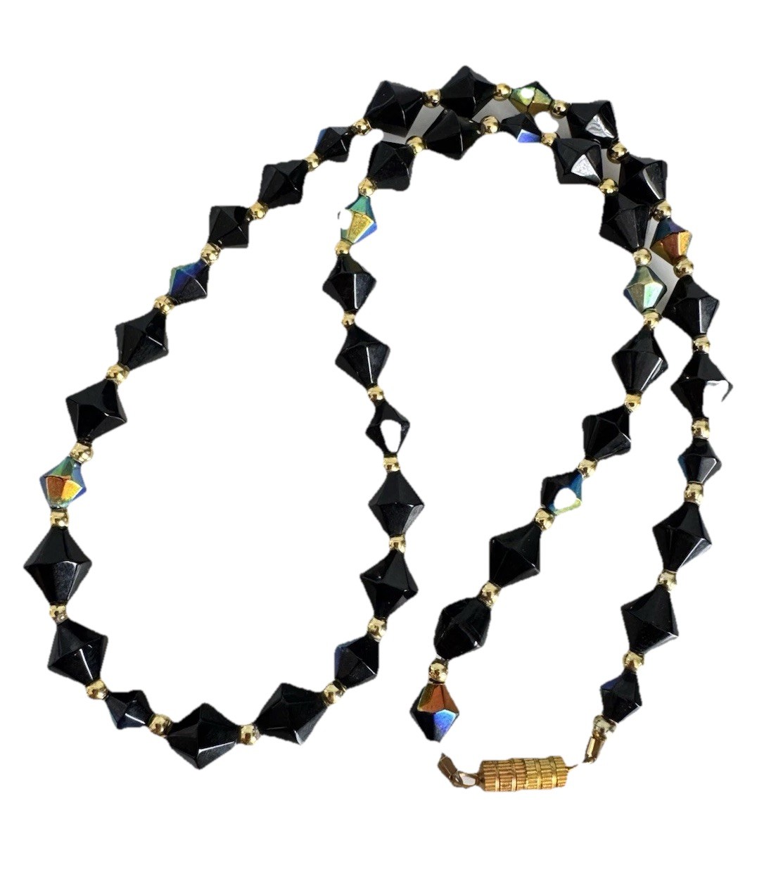 Vintage Bicone Cut Black Aurora Borealis Crystal Bead Gold Tone Accent Necklace