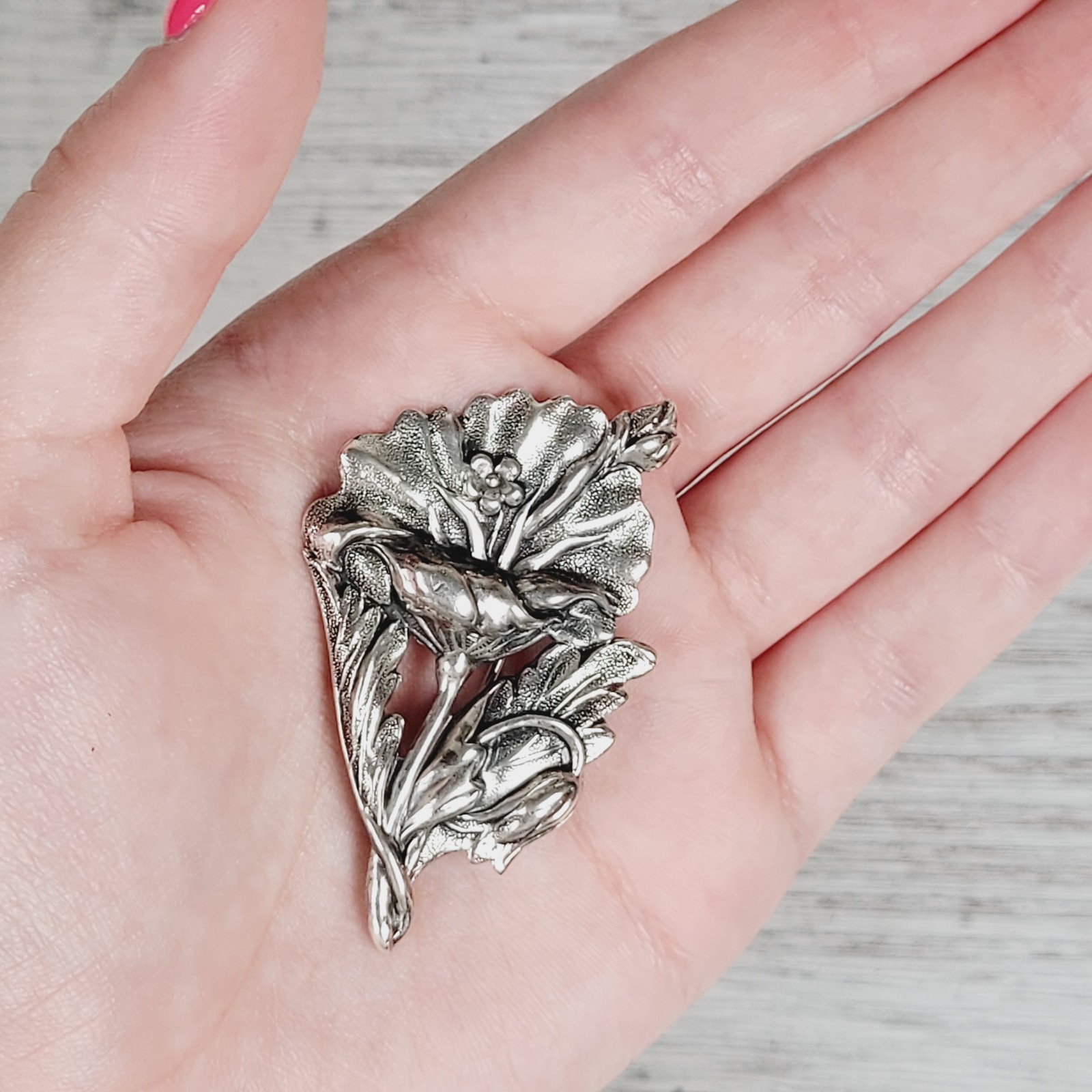 VINTAGE FELCH CO STERLING SILVER POPPY FLOWER 925 BROOCH PIN RETRO PRETTY SIGNED