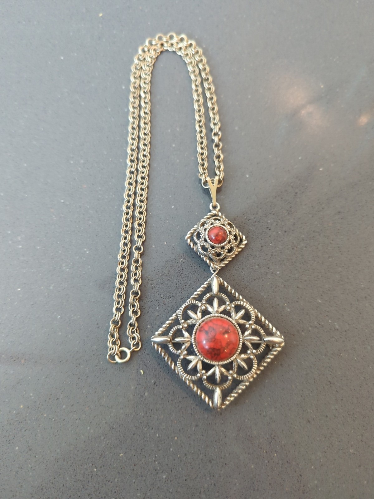 Sarah Coventry Vintage 1978 Inca Fire Red Pendant Necklace and Brooch Set K112