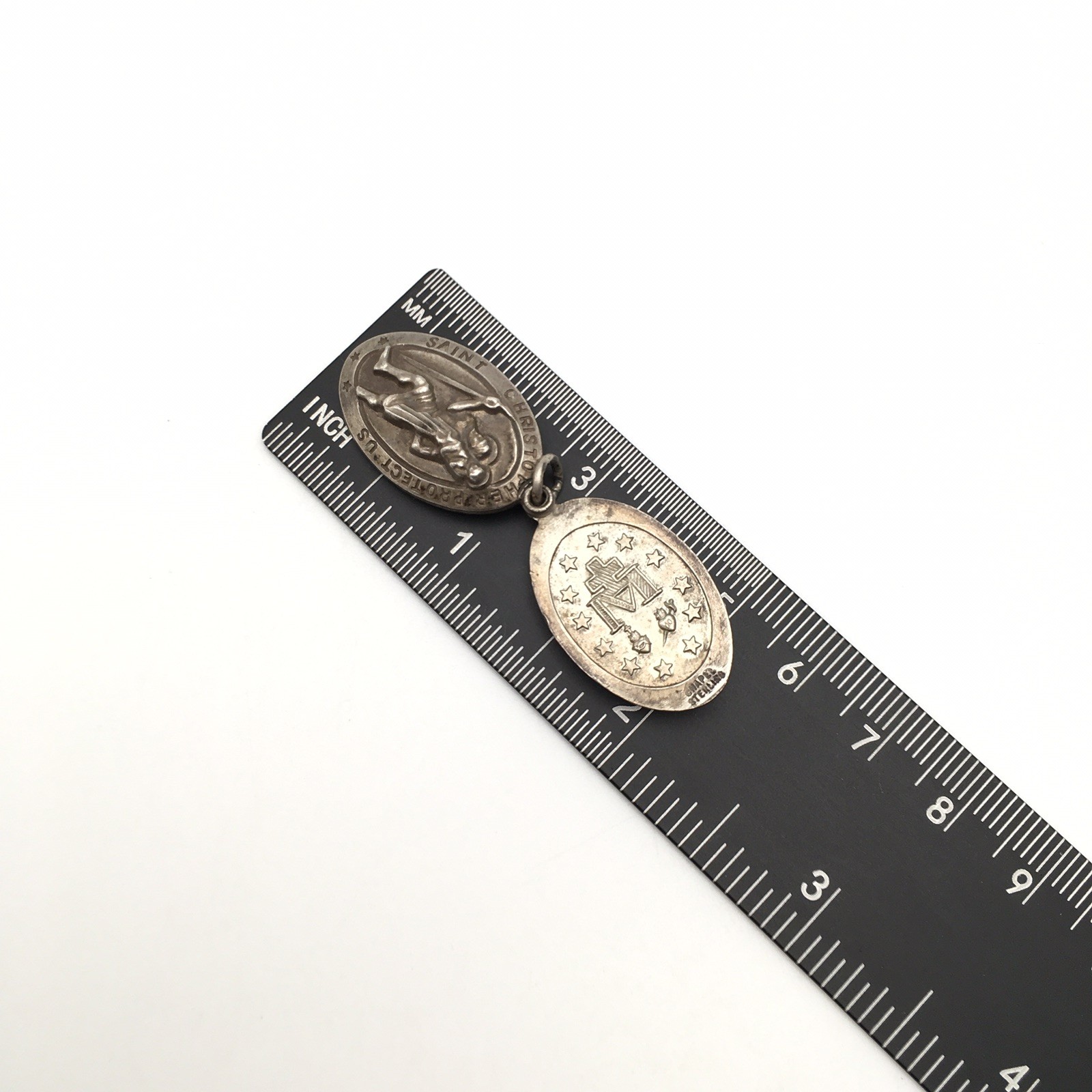 13.3g Vintage Sterling Silver CHAPEL Mary & St Christopher Religious Medal #90