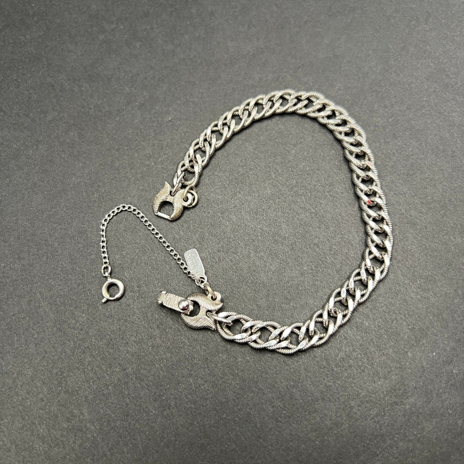 Vintage Monet Double Curb Link Bracelet Silver Tone Textured Safety Chain Signed