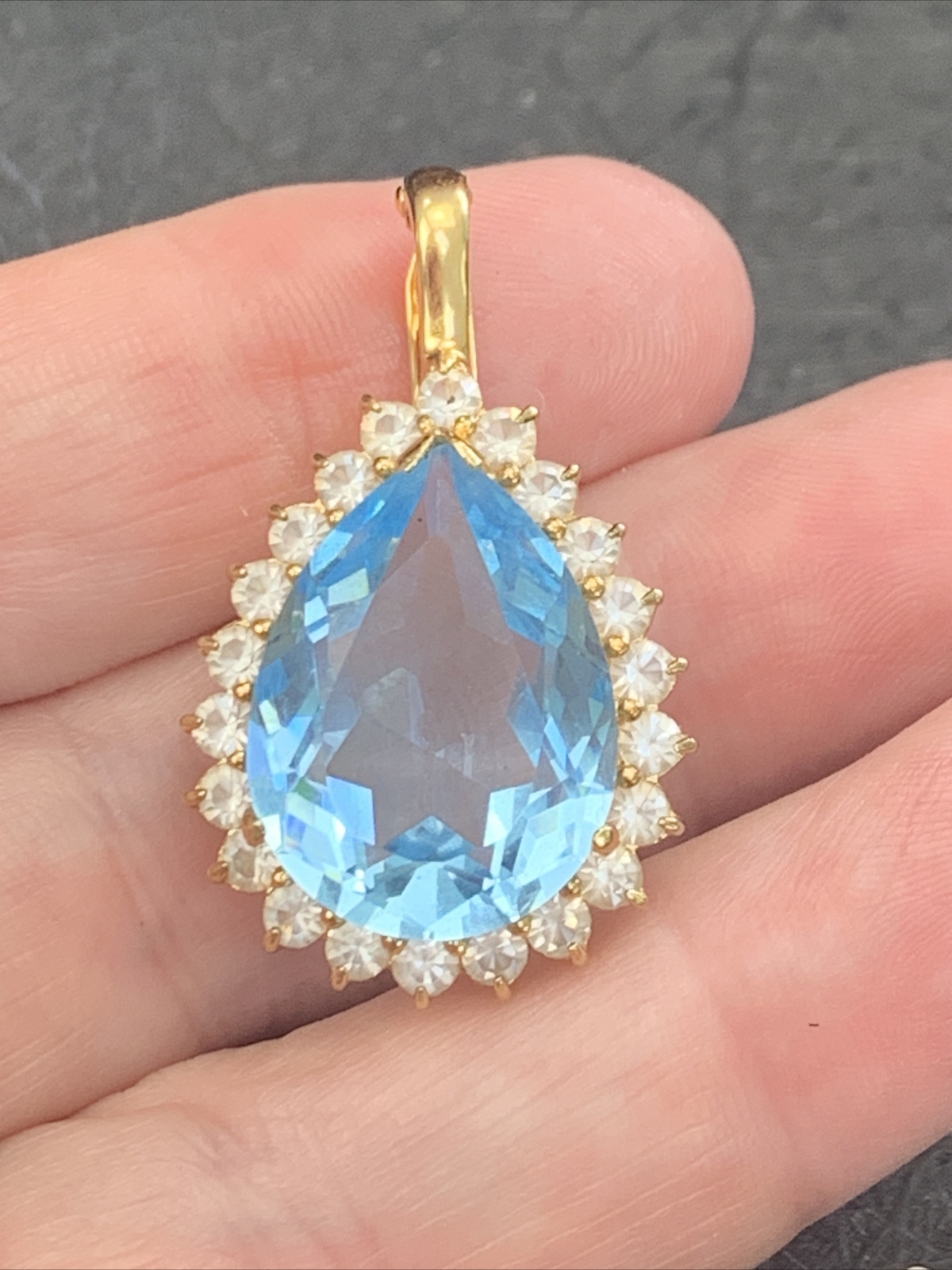 Vintage Quality large Faux blue topaz Clear stone Necklace Enhancer 1”