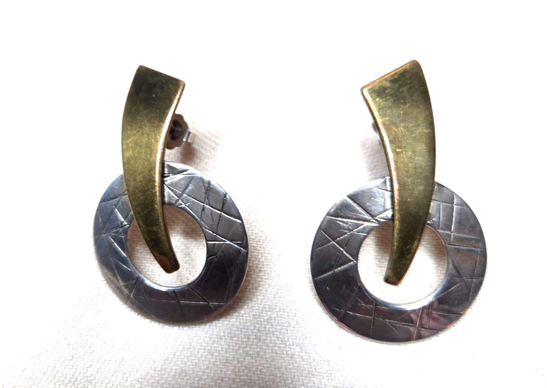 Modernist Sterling Silver Brass Vintage Nicely Detailed Earrings Two-Tone