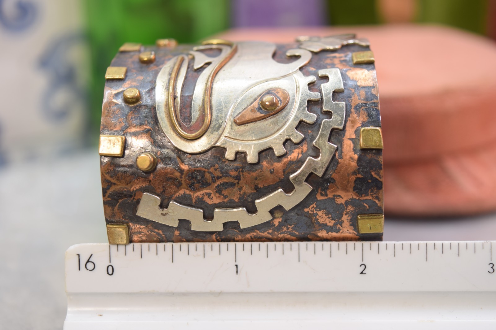 Vintage Mexico Mixed Metal Huge Aztec Bracelet Sterling Copper Brass 8″