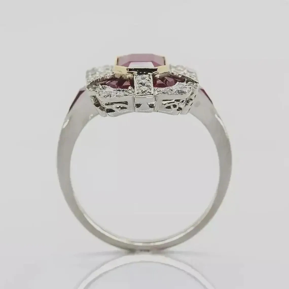 Art Deco 4CT Emerald Cut Real Ruby Vintage Wedding Ring 14K Two-Tone Gold Finish
