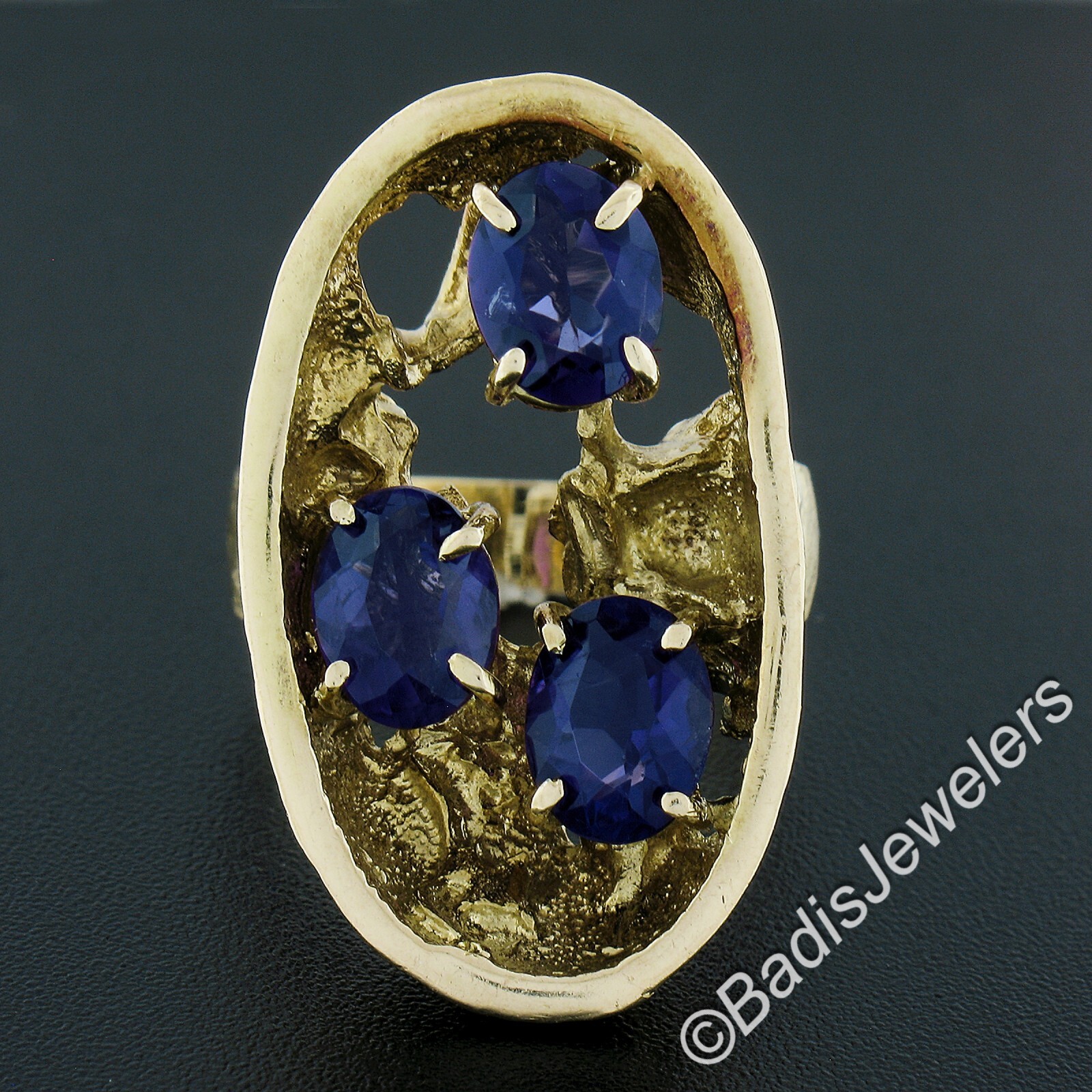 Vintage Yellow Gold 3.75ctw Oval Amethyst Open Textured Freeform Artsy Ring
