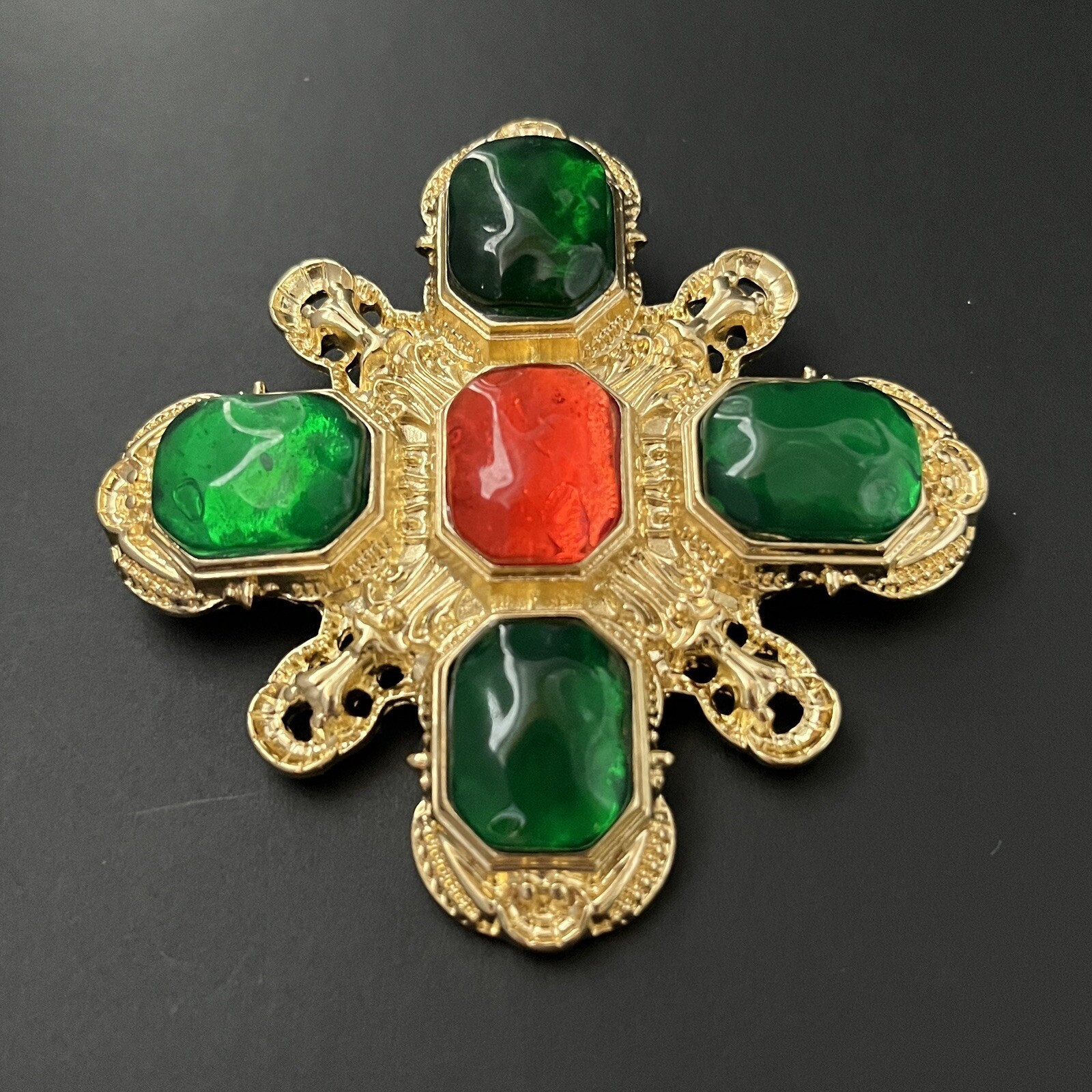 Gripoix Style Poured Resin Maltese Cross Brooch Pin Gold Red Green Ornate