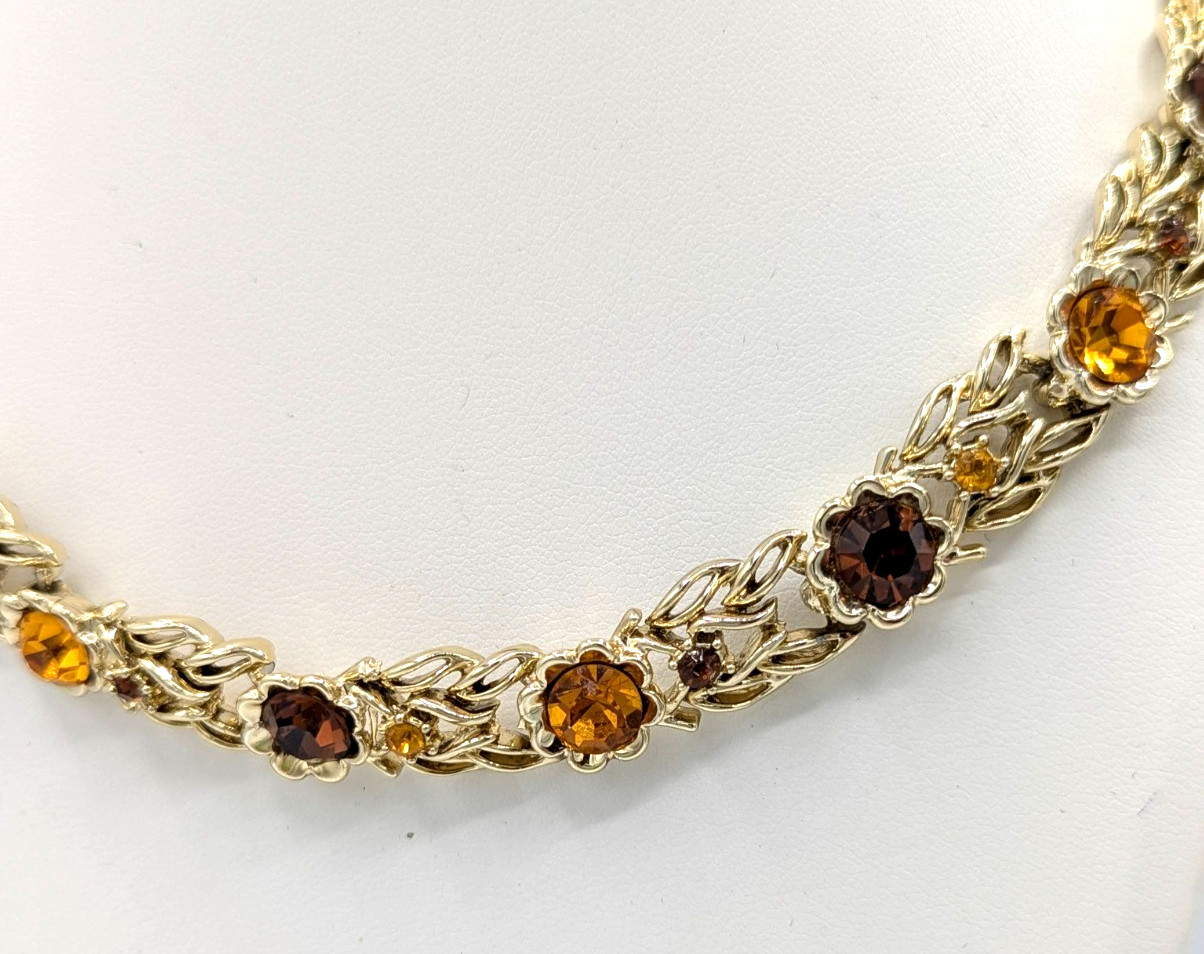 Vintage Coro Rhinestone Necklace Fall Colors Gold Tone Leaves Choker NOS Tag