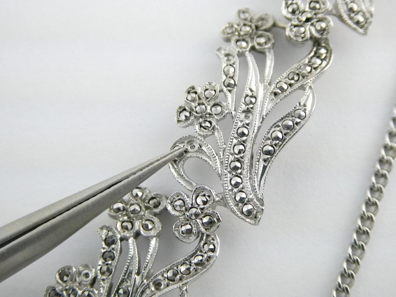 Vintage Deco Style Sterling Silver Marcasite Studded Bracelet 7.25 In GEMS MISS