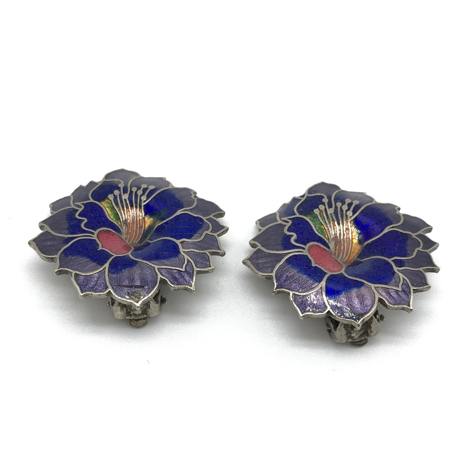 Vintage Purple Blue Enamel Silver Tone Flower Clip On Earrings
