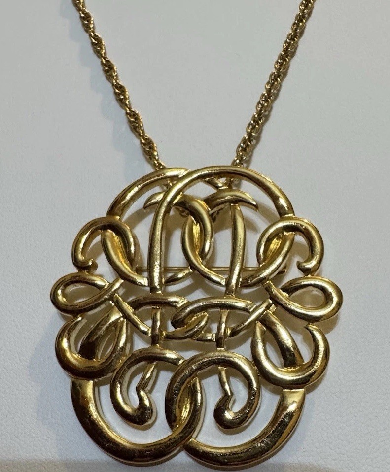 Gold Tone Brooch Or Wear As A Necklace With Gold Tone Necklace