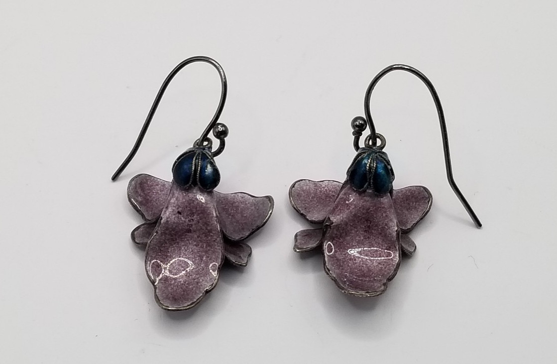 Vtg 925 Sterling Silver Purple & Blue Enameled 3D Pansy Flower Dangle Earrings