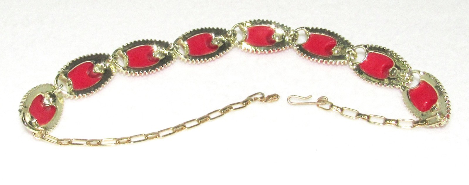 Retro Vintage Red w/Gold Accents Choker Necklace Link Bracelet Clip Earrings Set