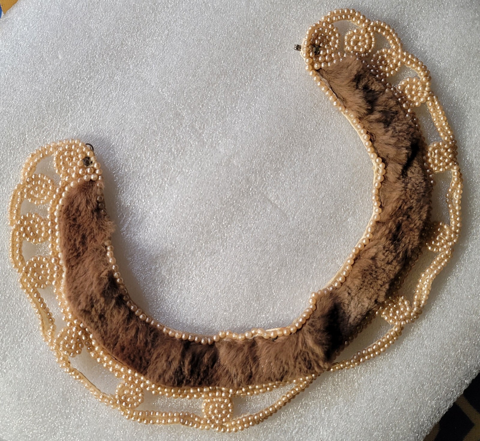 Vintage Seed Faux Pearl Brown Fur Hand Sewn Crafted Decorative Collar Necklace