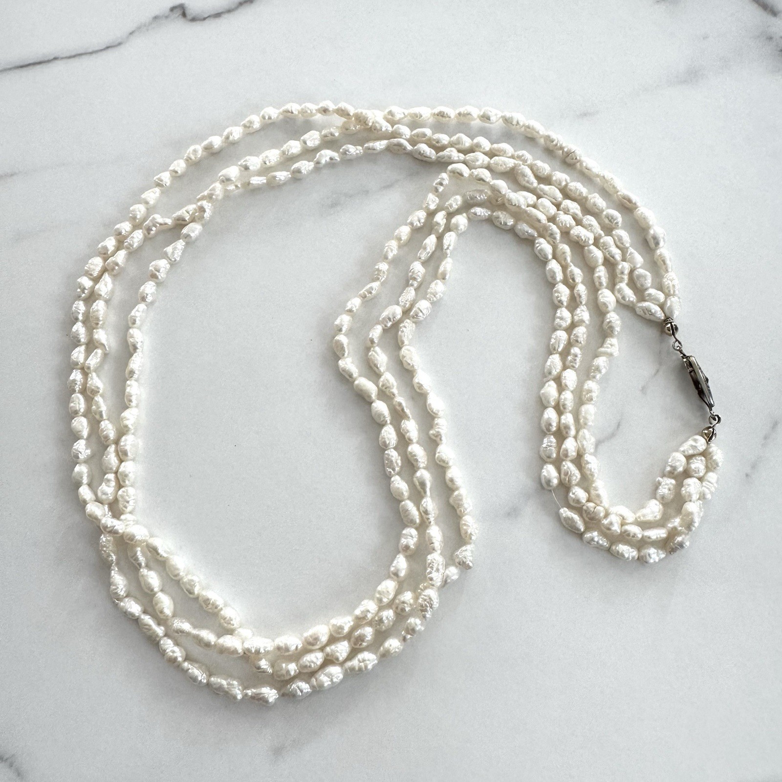 VTG 24.5” 3 Strand Freshwater Pearl Necklace Baroque Rice Pearls Ornate Clasp