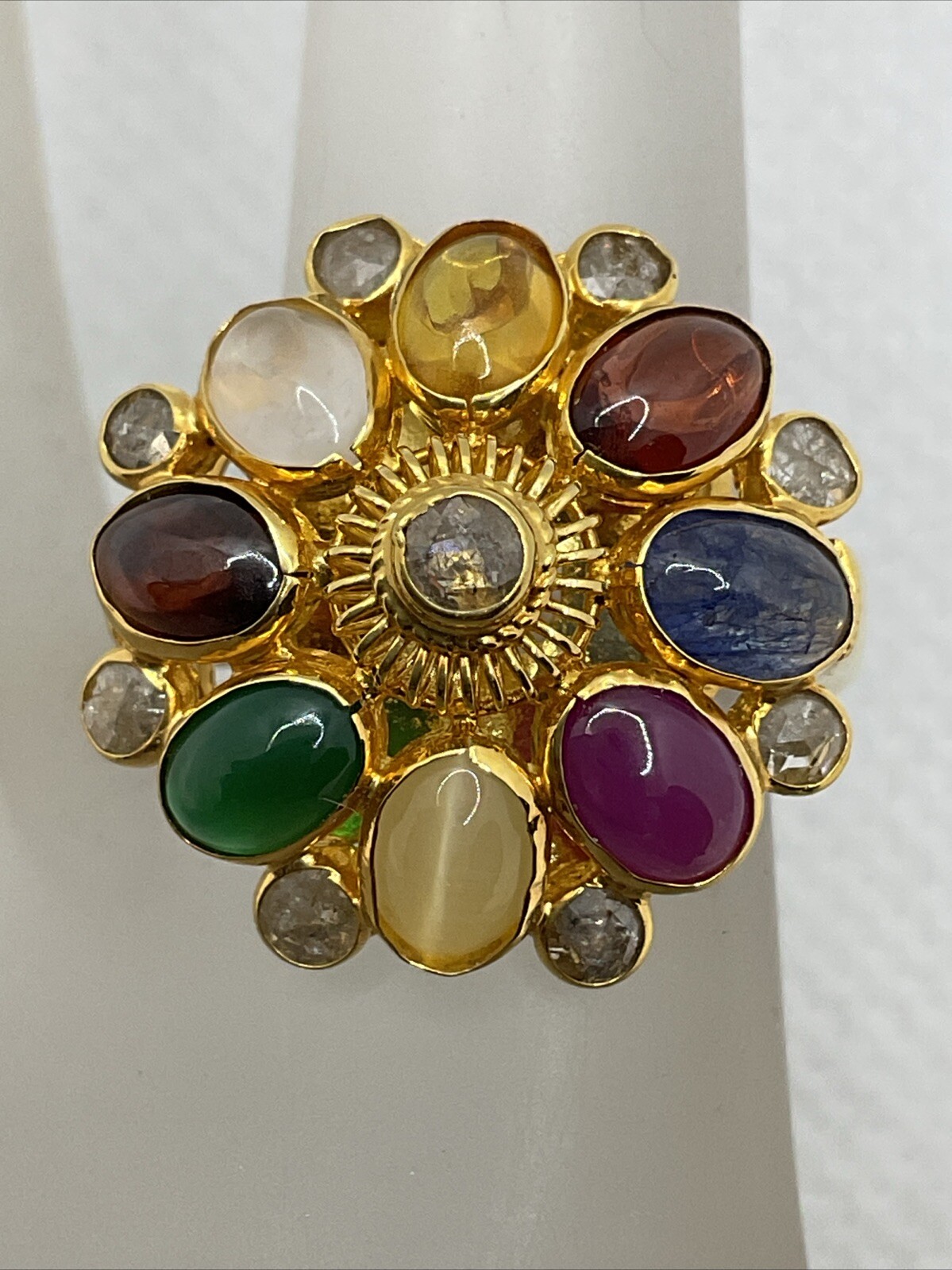 VINTAGE HANDMADE Solid 18K (750) Multicolor Gemstones & Rose Cut Diamonds Ring
