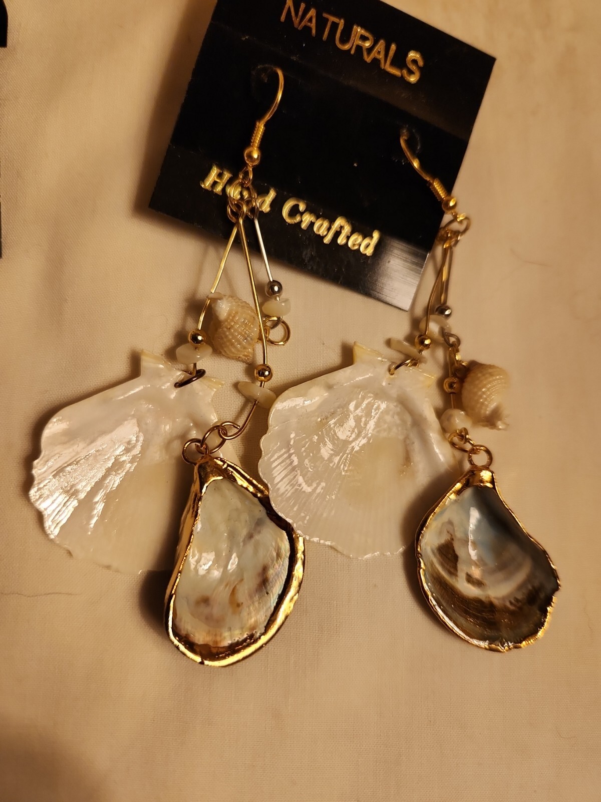 Vtg Sea shell pendant gold trim foil natural estate Lot 4″Dangle Earring Jewelry