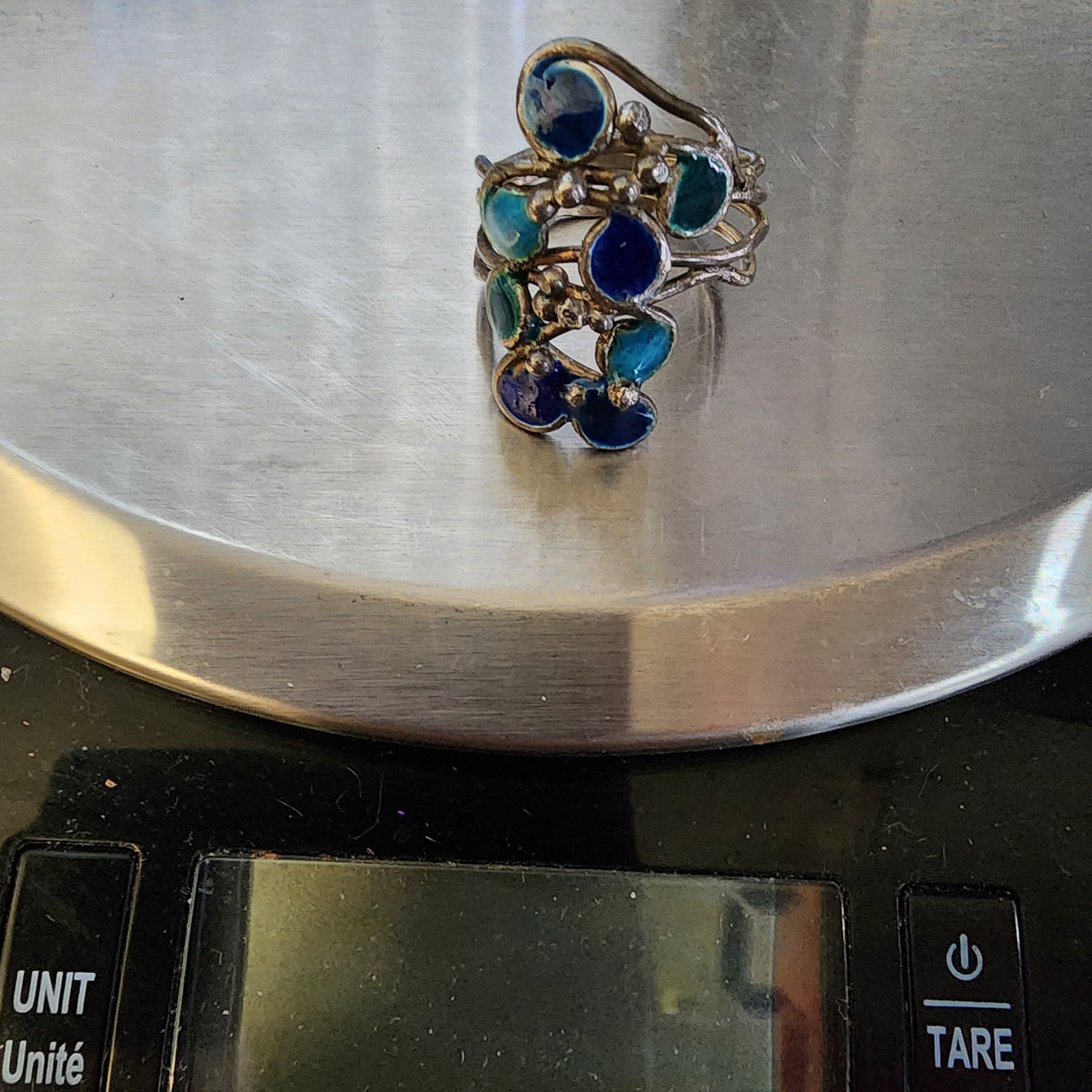 Vintage Signed RP Silver Teal Enamel Brutalist Multi Wire Strand Ring 7″