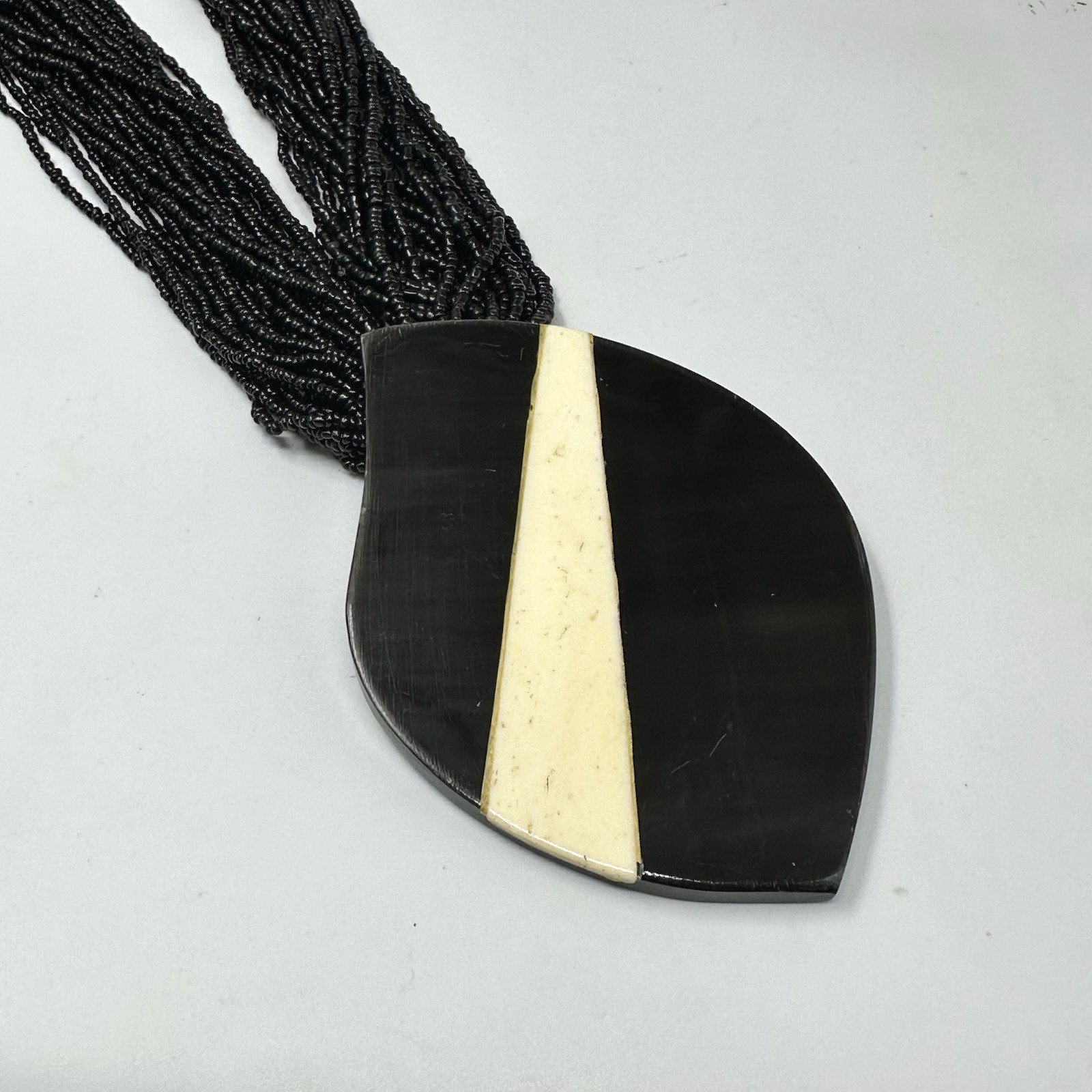 Vintage Black Multi Strand Beaded Statement Necklace Resin Pendant Tribal Collar