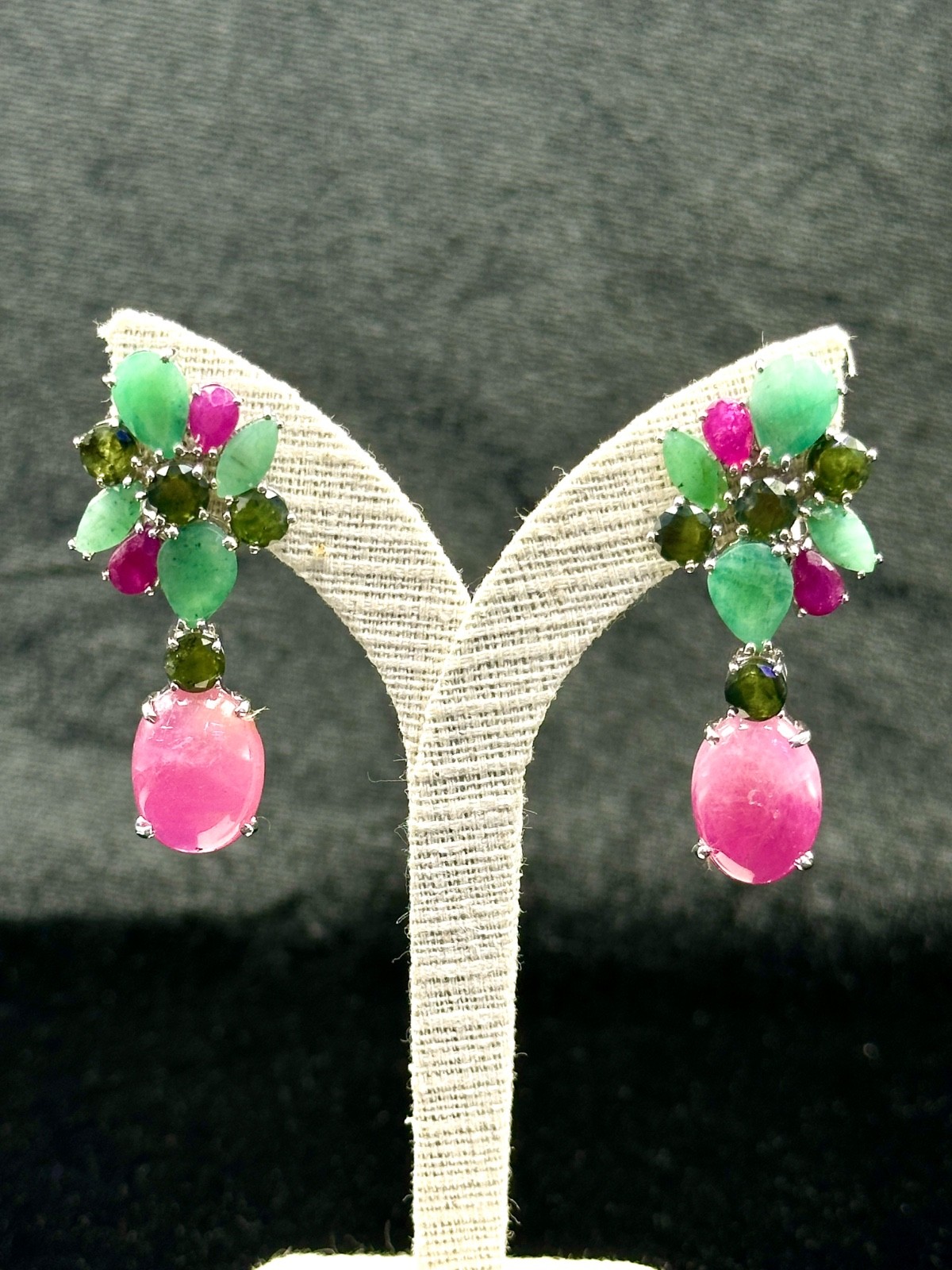 Beautiful Victorian Handmade Ruby And Emerald Earrings, 925 Sterling Silver