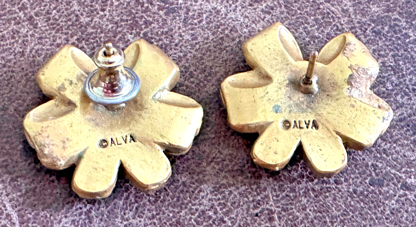Vintage ALVA Bow Rhinestones & Faux Pearl Pin & Post Earrings Set Gold Tone
