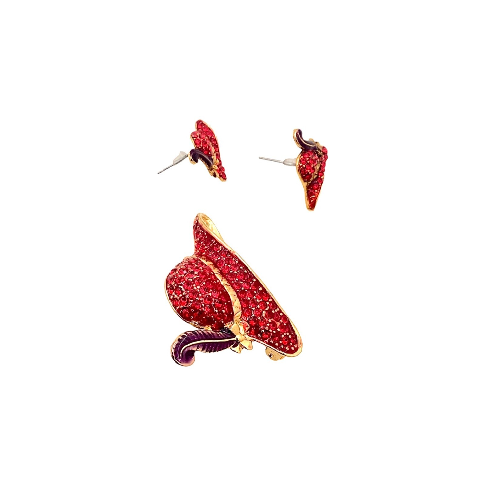 Vintage Red Hat Society Jewelry Set Brooch Earrings Pave Rhinestones Enamel 80s