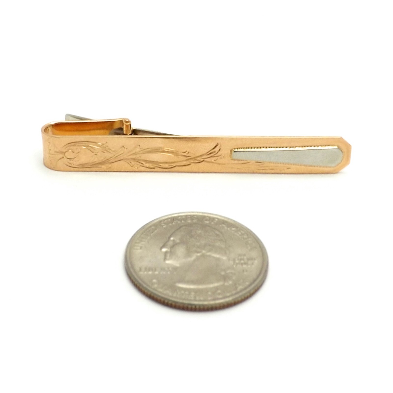 Art Deco Solid 18k Rose White Gold Tie Clip Coat Pin Hand Etched Italy 750