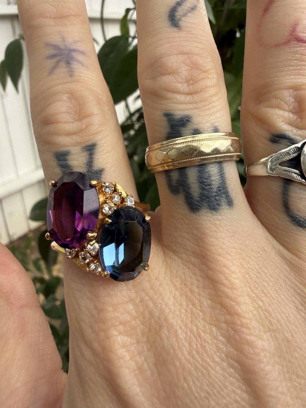 Vintage Multi stone Cocktail Ring Gold Plated Purple And Blue Cz Size 10