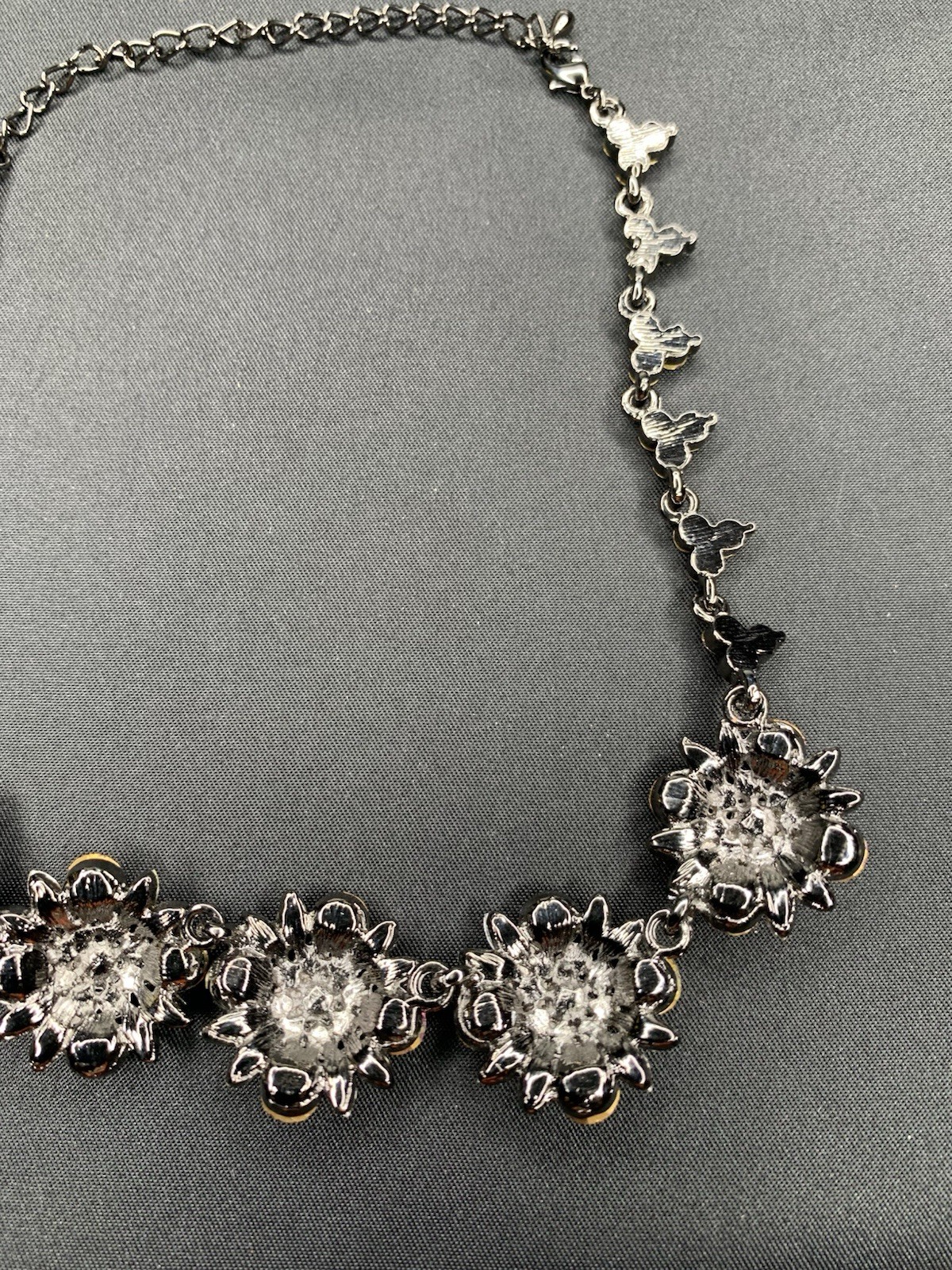 Pink Flower Shape Rhinestone Black Gun Metal Necklace 14” Choker