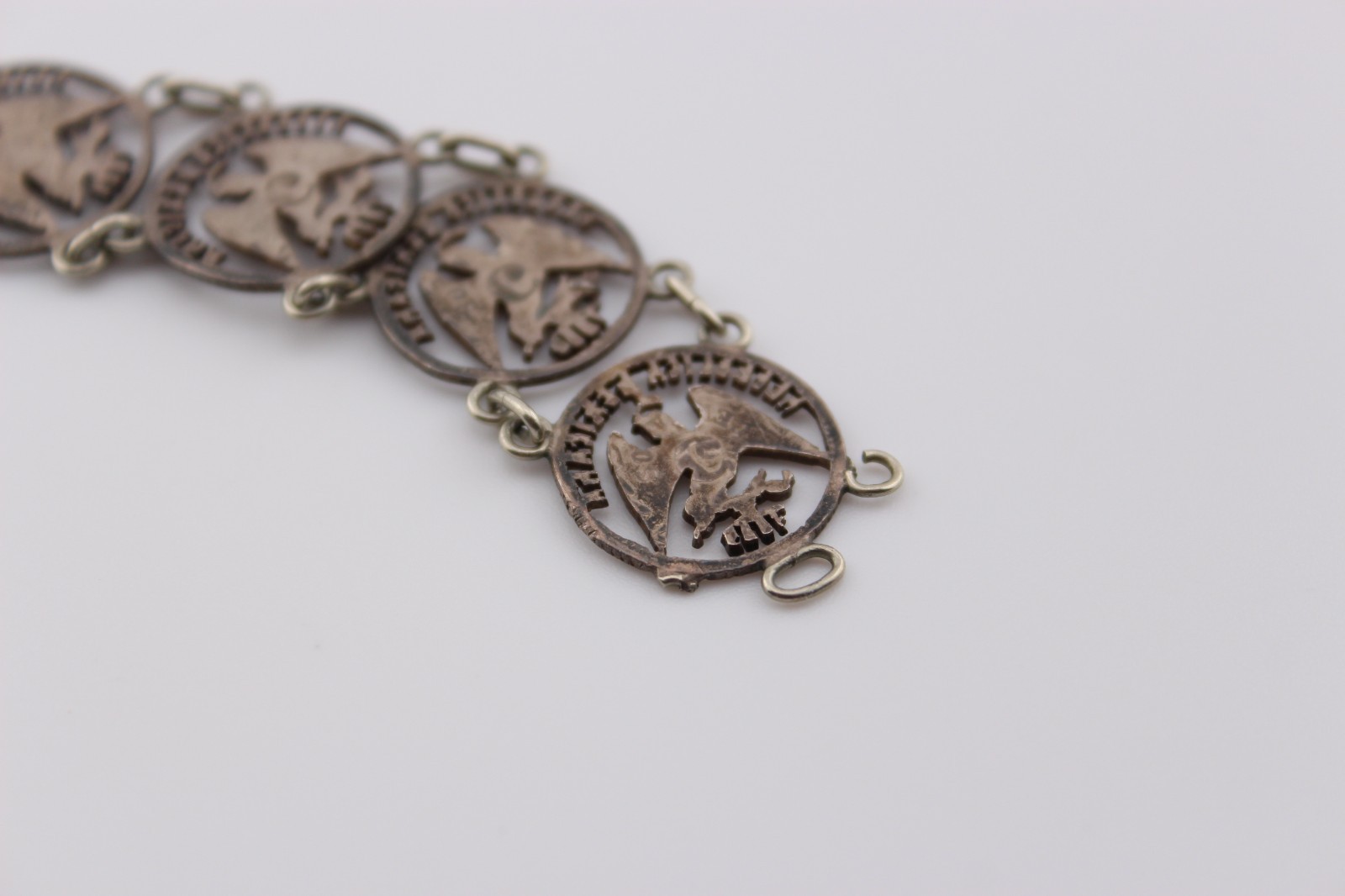 Antique 1880s silver Mexican Republic cut out coin panel bracelet 7.25″