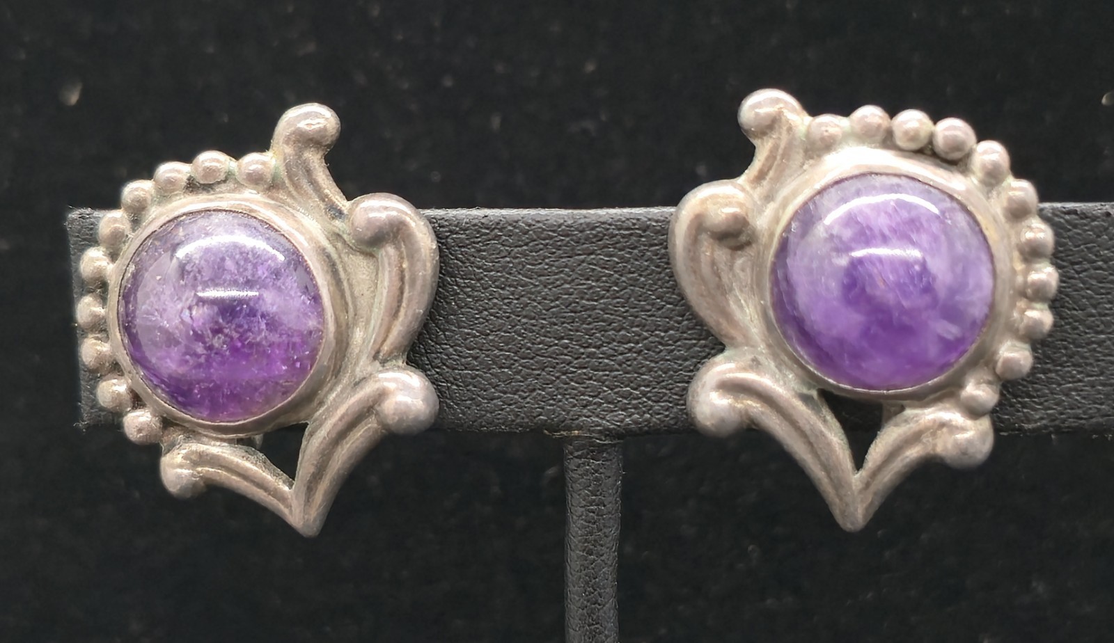 Vtg Signed Los Castillo 695 Sterling Silver Amethyst Clip On Earrings