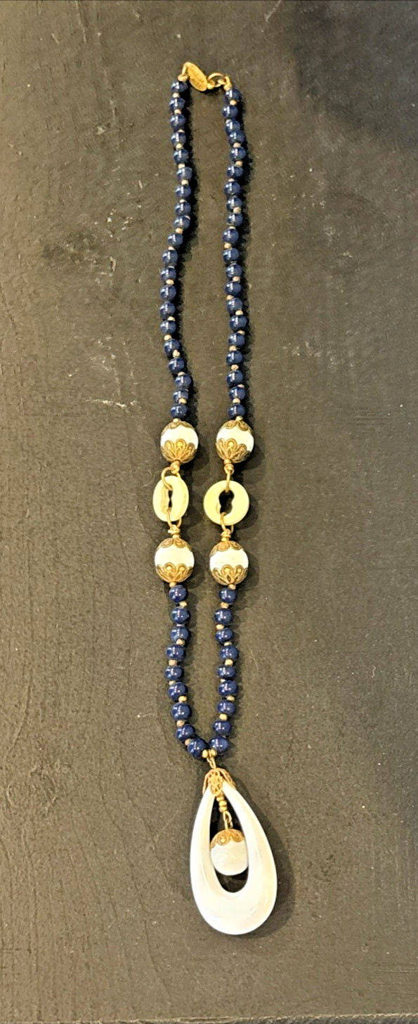Miriam Haskell White Milk Blue Glass Plastic Beaded 19″ Necklace Patented Clasp