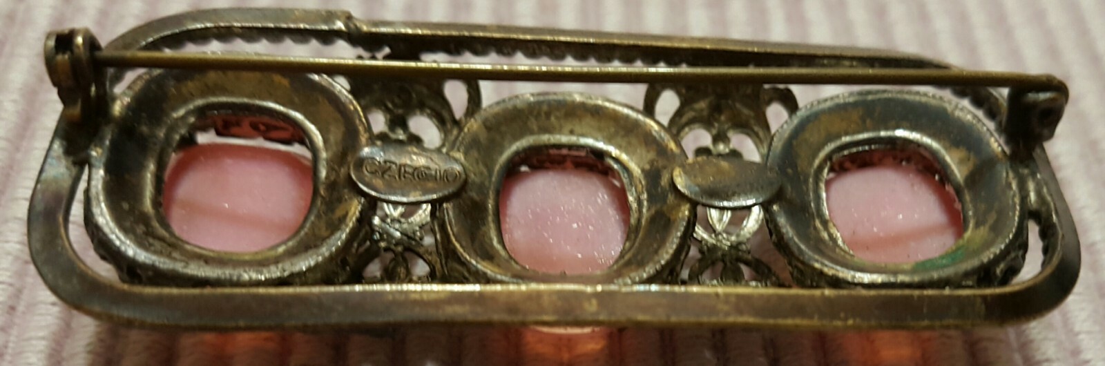 Vintage Jewelry Signed CZECHO BROOCH PIN Pink Stones Silvertone