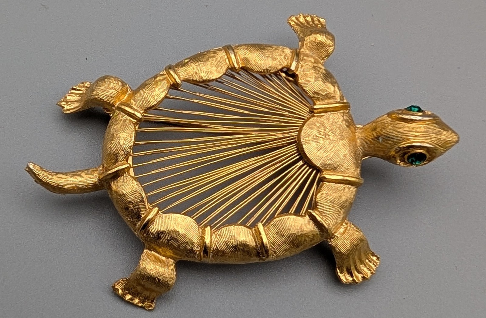 Vintage Monet Turtle Brooch Gold Tone Openwork Shell Green Rhinestone Eyes