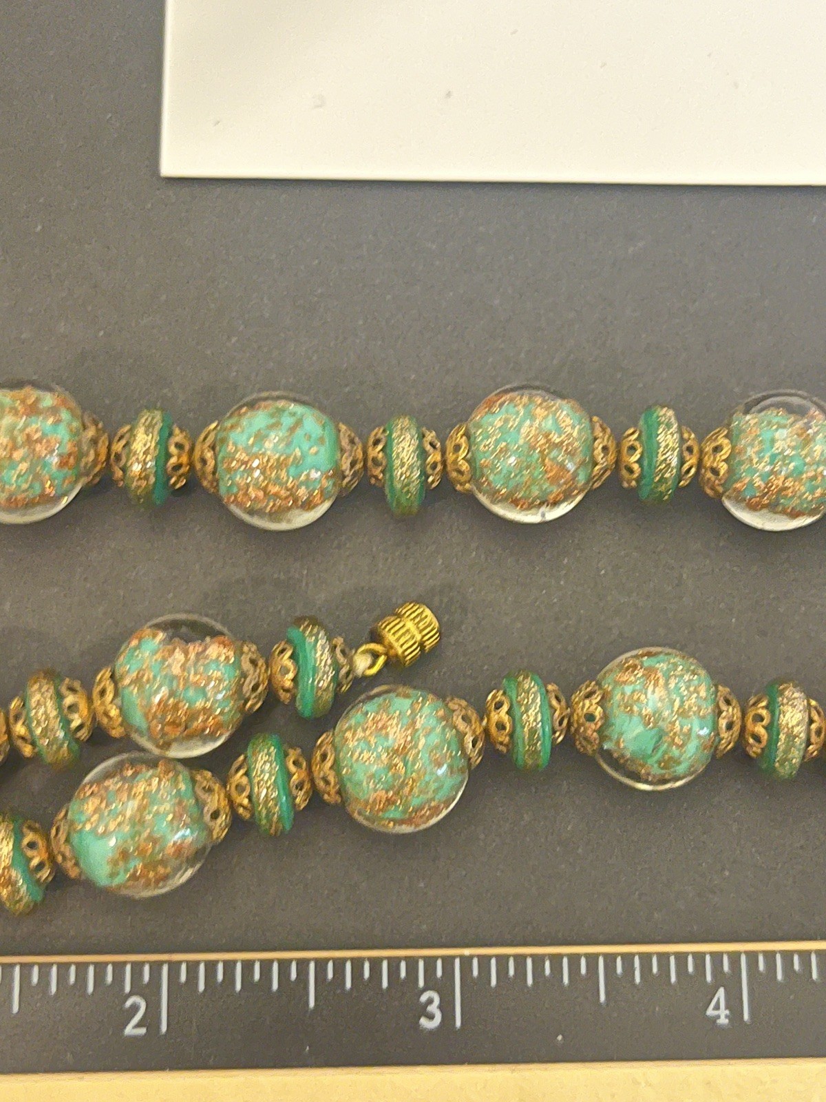 Vintage Murano Foil Glass Necklace Beaded Venetian Italy Estate Jewelry Green