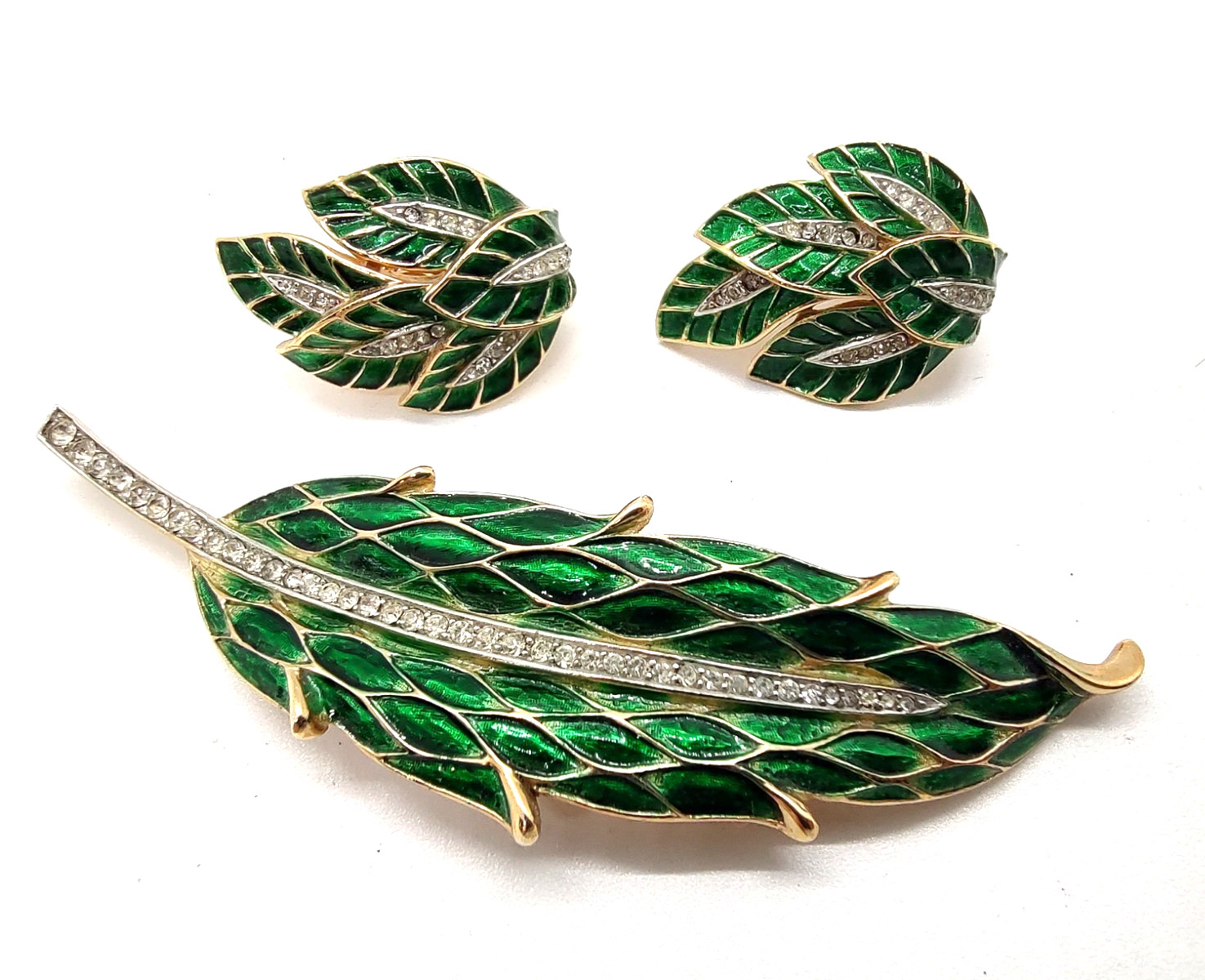 Alfred Philippe Trifari Harlequin Green Enamel Earrings and Brooch!