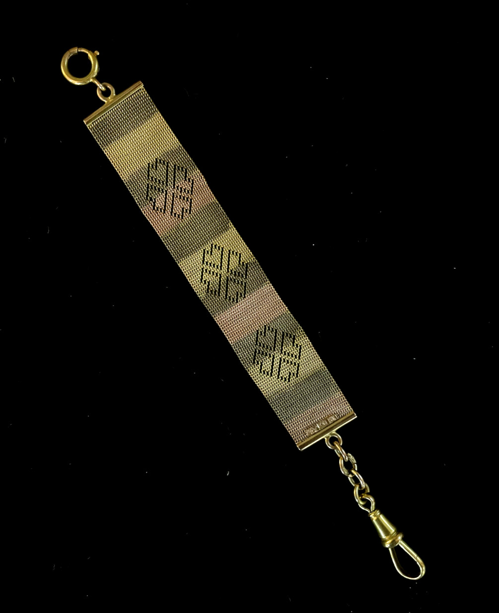 Antique 9 Karat Gold Watch Fob Chain in Tricolor with two Clasps