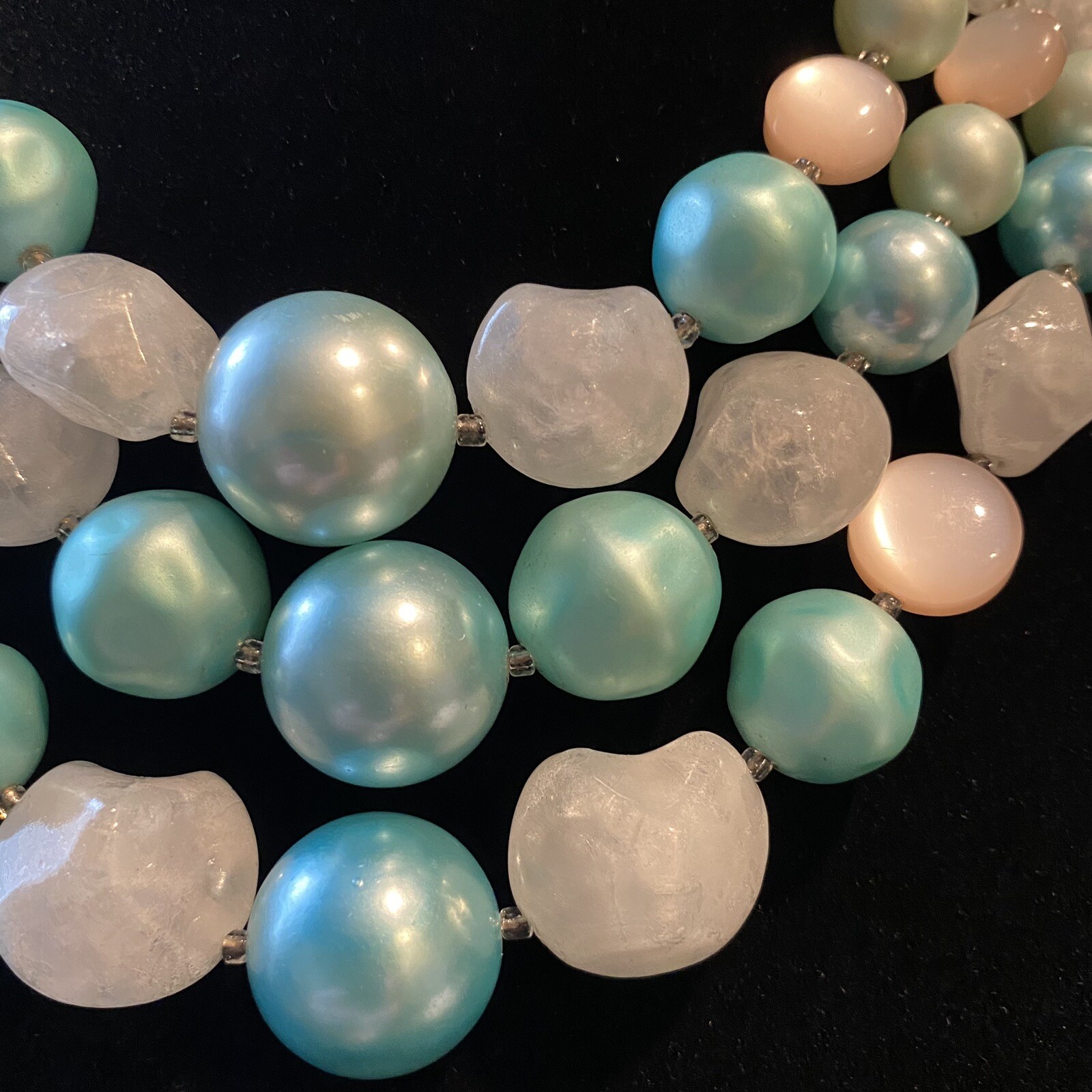 Vintage JAPAN three strand teal blue and white bead necklace. Great condition!