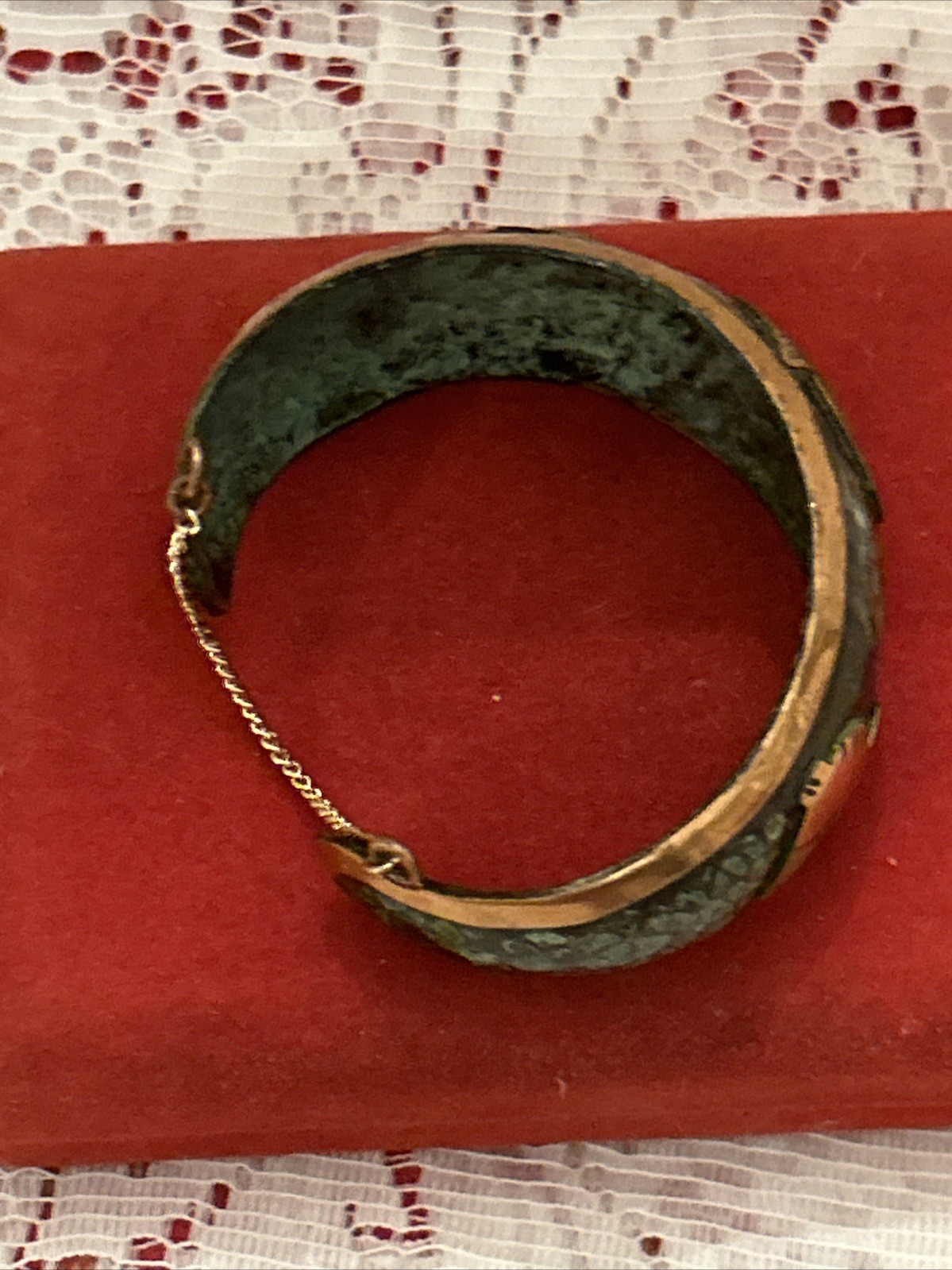 Vintage Copper & Enamel Story Cuff Bracelet With Birds~Safety Clasp
