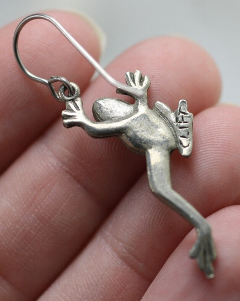 Jim Clift Pewter french Hook jumping tree frog drop dangle Pierced Earrings