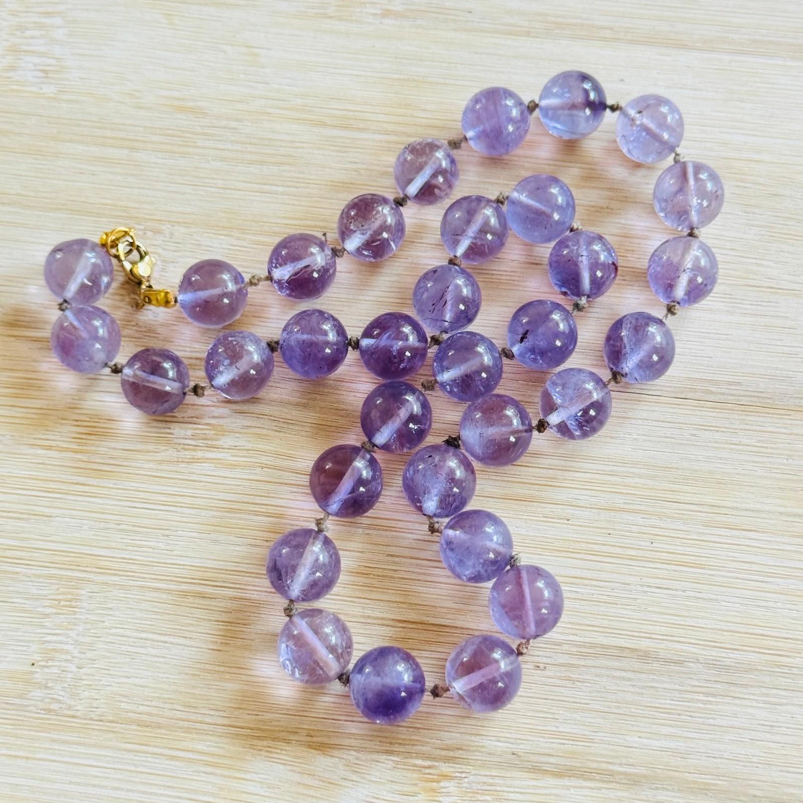 VTG Amethyst Necklace Knotted Genuine Natural Stone Round beads 19″ 10MM