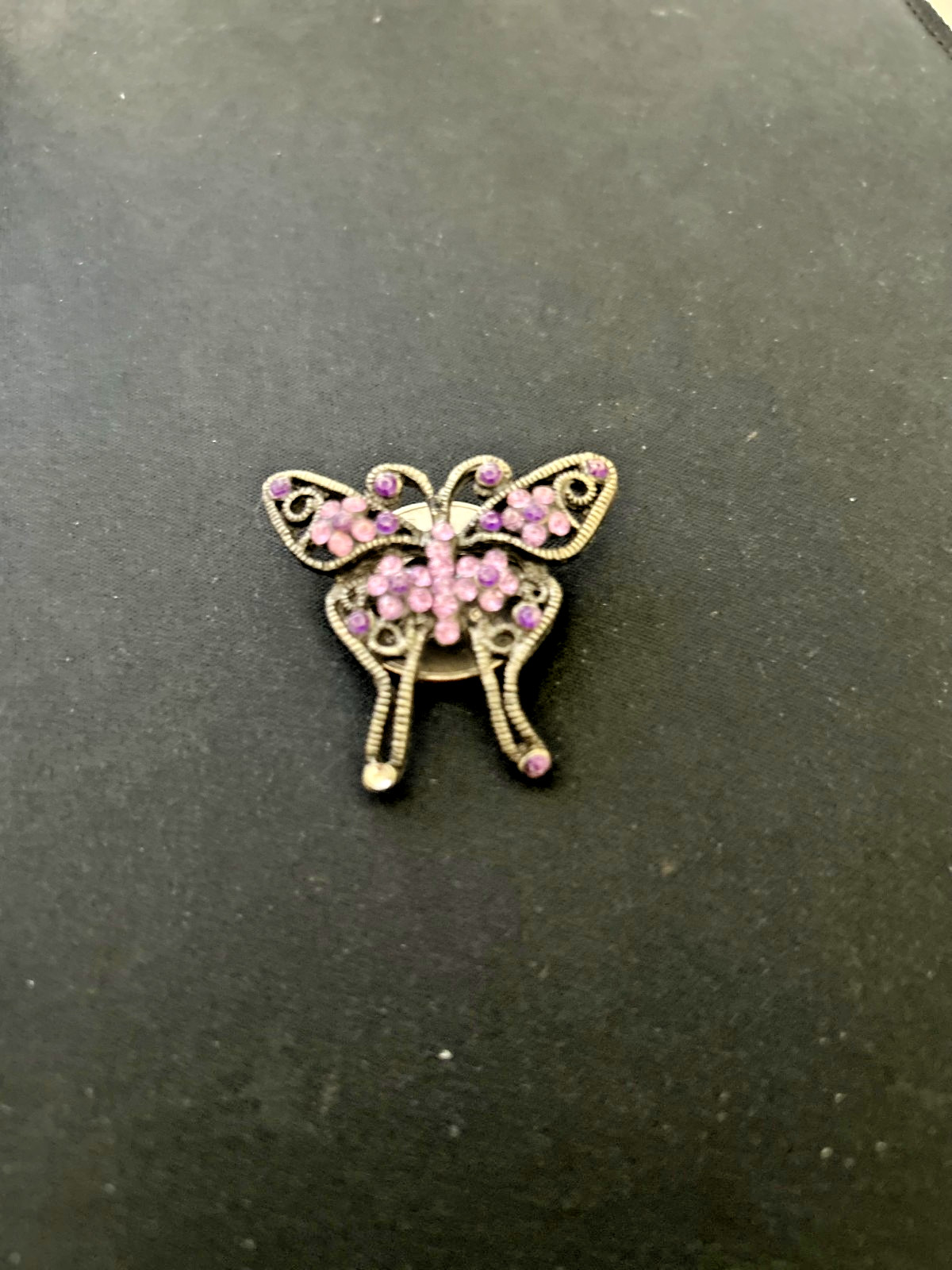 VINTAGE BUTTERFLY BROOCH – PURPLE & PINK & WHITE RHINESTONES