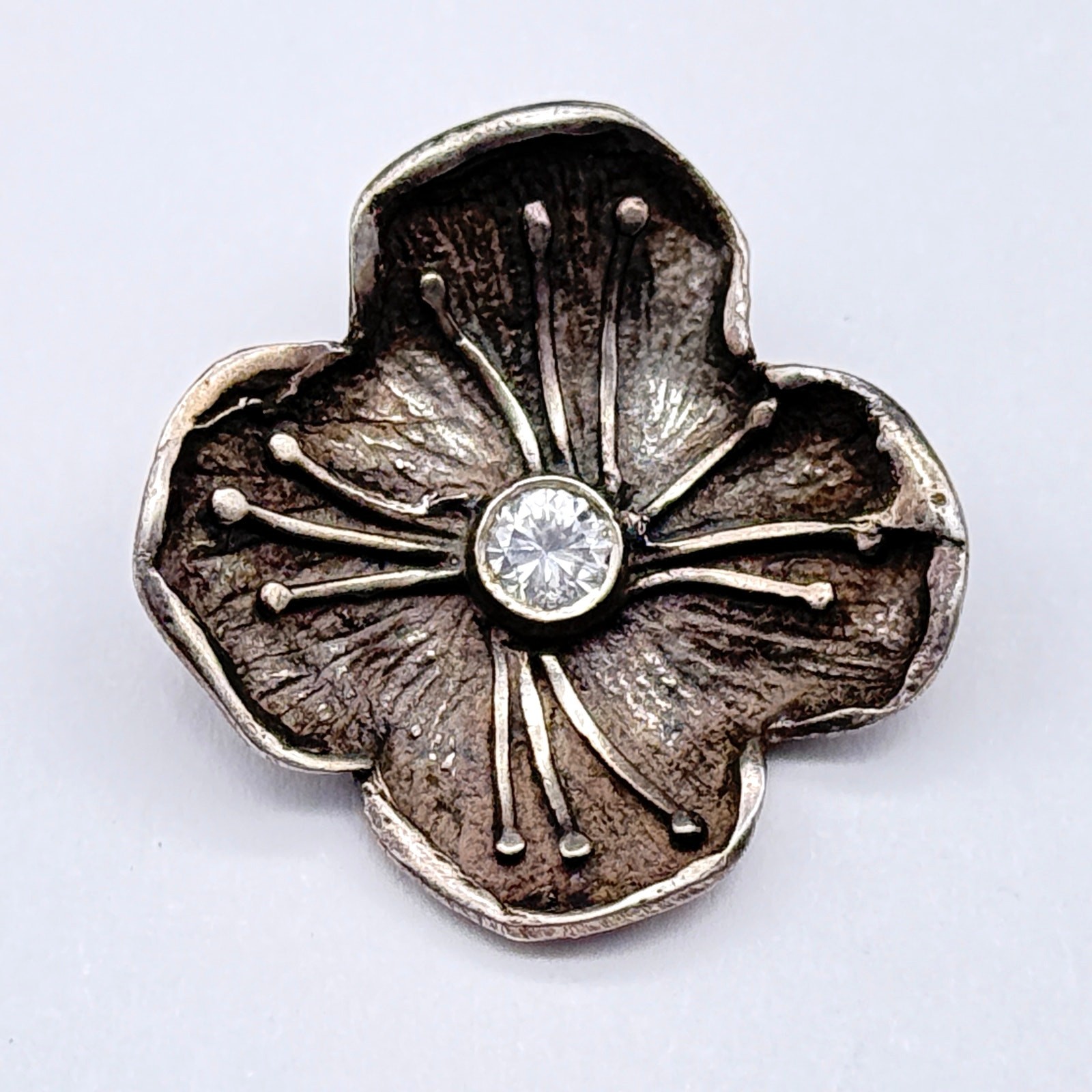 Vintage Brutalist Poppy Flower Sterling Silver Pendant