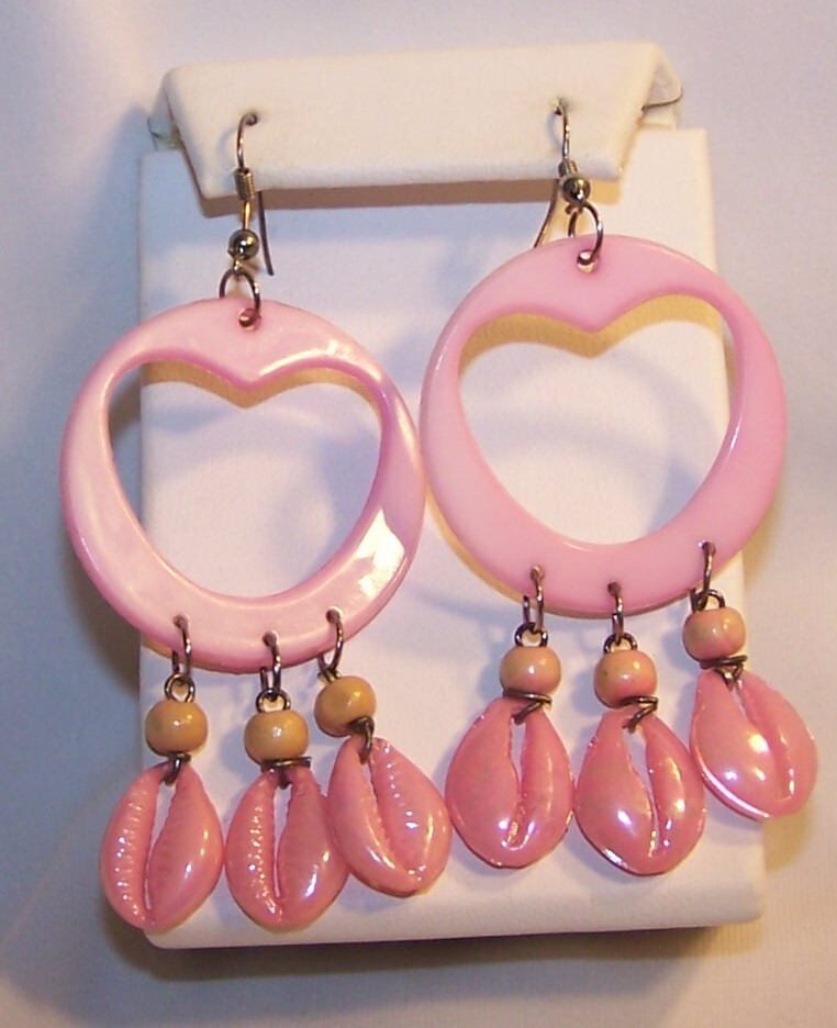 Vintage Plastic Earrings with Dangle Faux Shells-Lot of 2-Lime Green, Pink