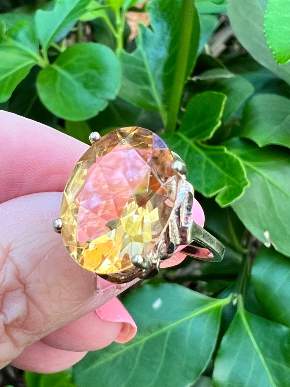 VINTAGE LARGE OVAL HONEY GOLDEN CITRINE STATEMENT RING GILDED 925 STERLING SLVER