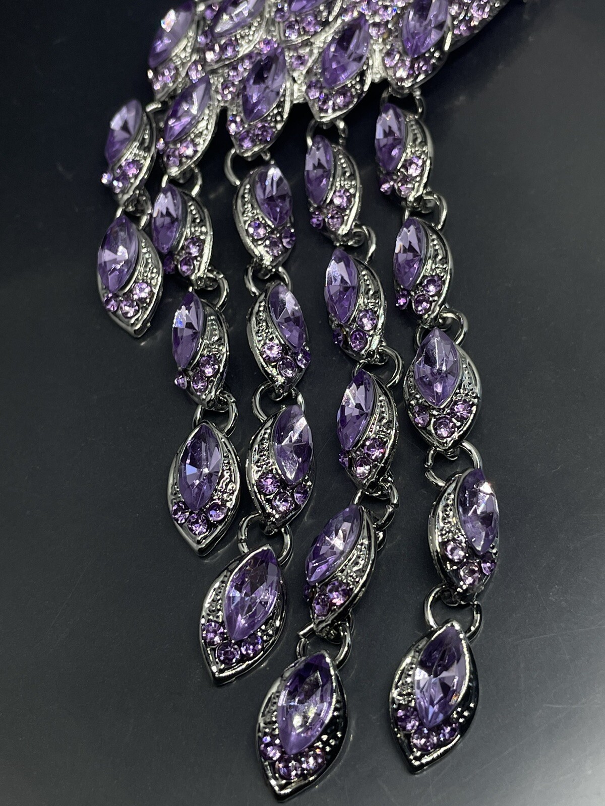 Vintage Peacock SilverTone Purple Rhinestones Crystals 5.5” Pendant Pin Brooch