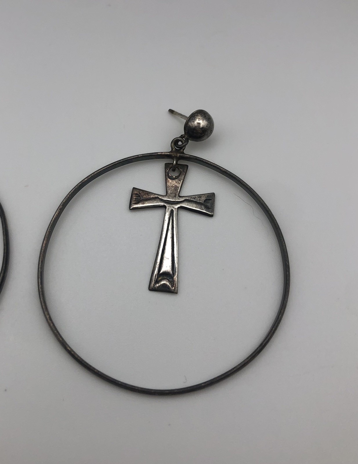 1980s Goth Sterling Silver Cross Circle Large Earrings 925 Dangle 11.4 Grams