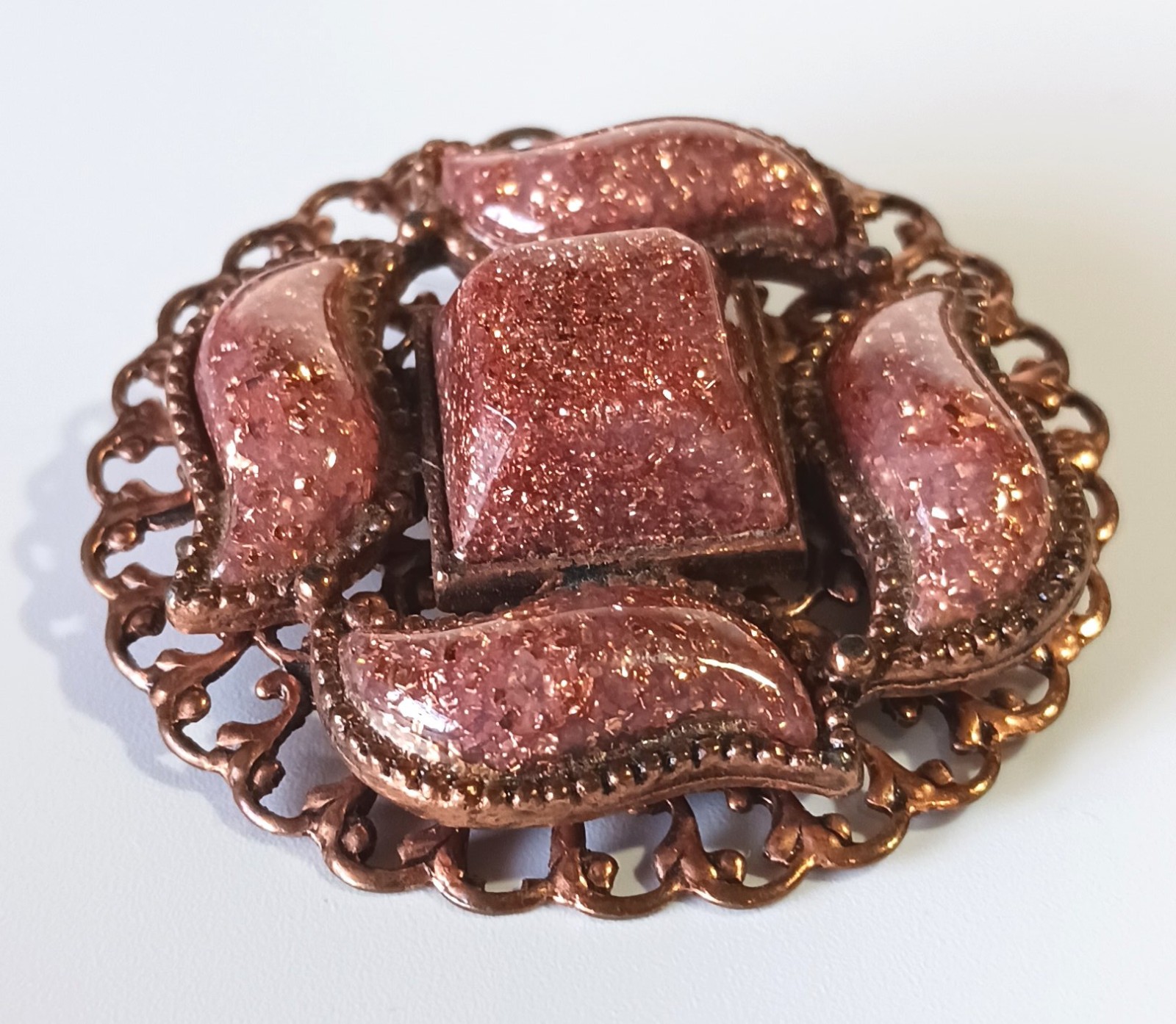Vintage Filigree Copper? Brooch w Smooth Raised Speckled Goldstone-style Cabs
